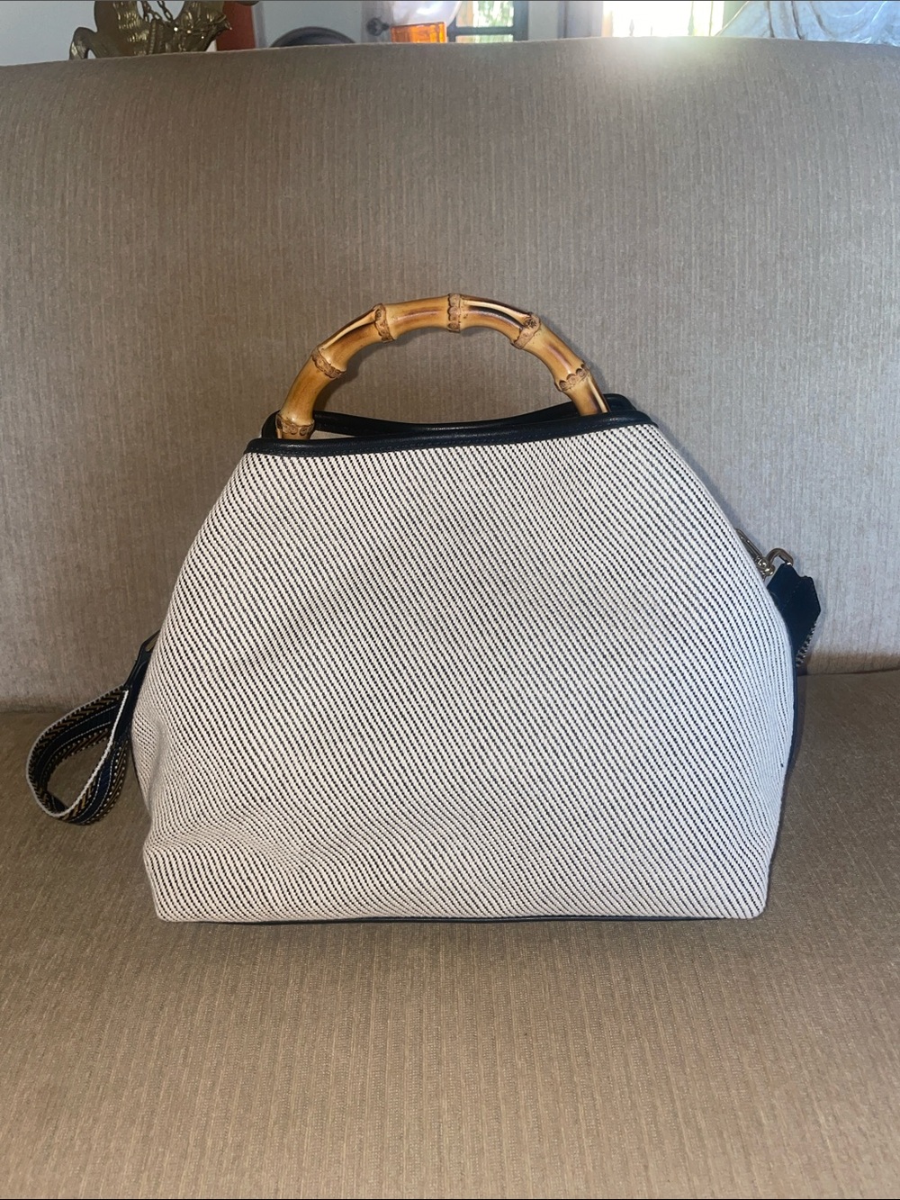 J. McLaughlin Canvas Bamboo Handle Shoulder Bag - Picture 3 of 3